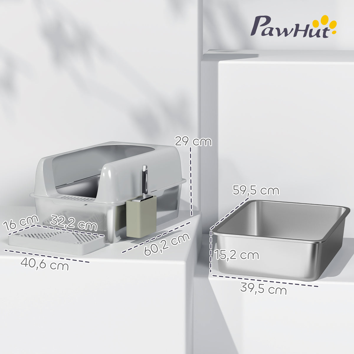 Bac à litière pour chat en acier inoxydable facile à nettoyer avec bords hauts anti-fuite d'urine, pelle inclus, gris