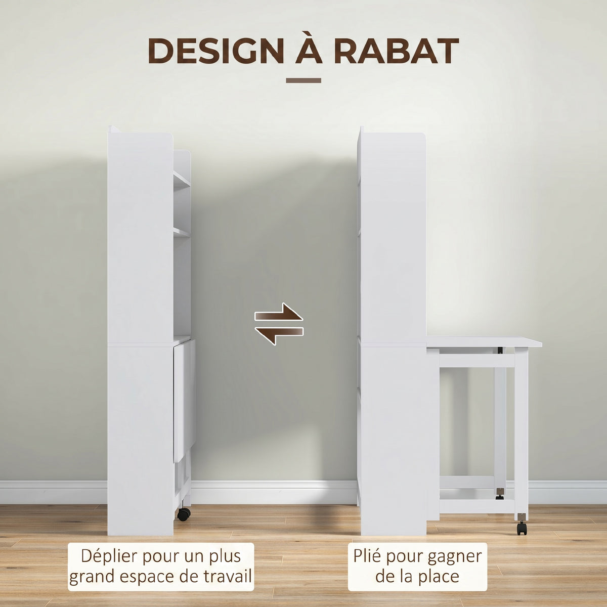 Bureau informatique avec étagères de rangement plateau rabattable 2 roulettes pour chambre salon 80 x 69 x 155 cm blanc