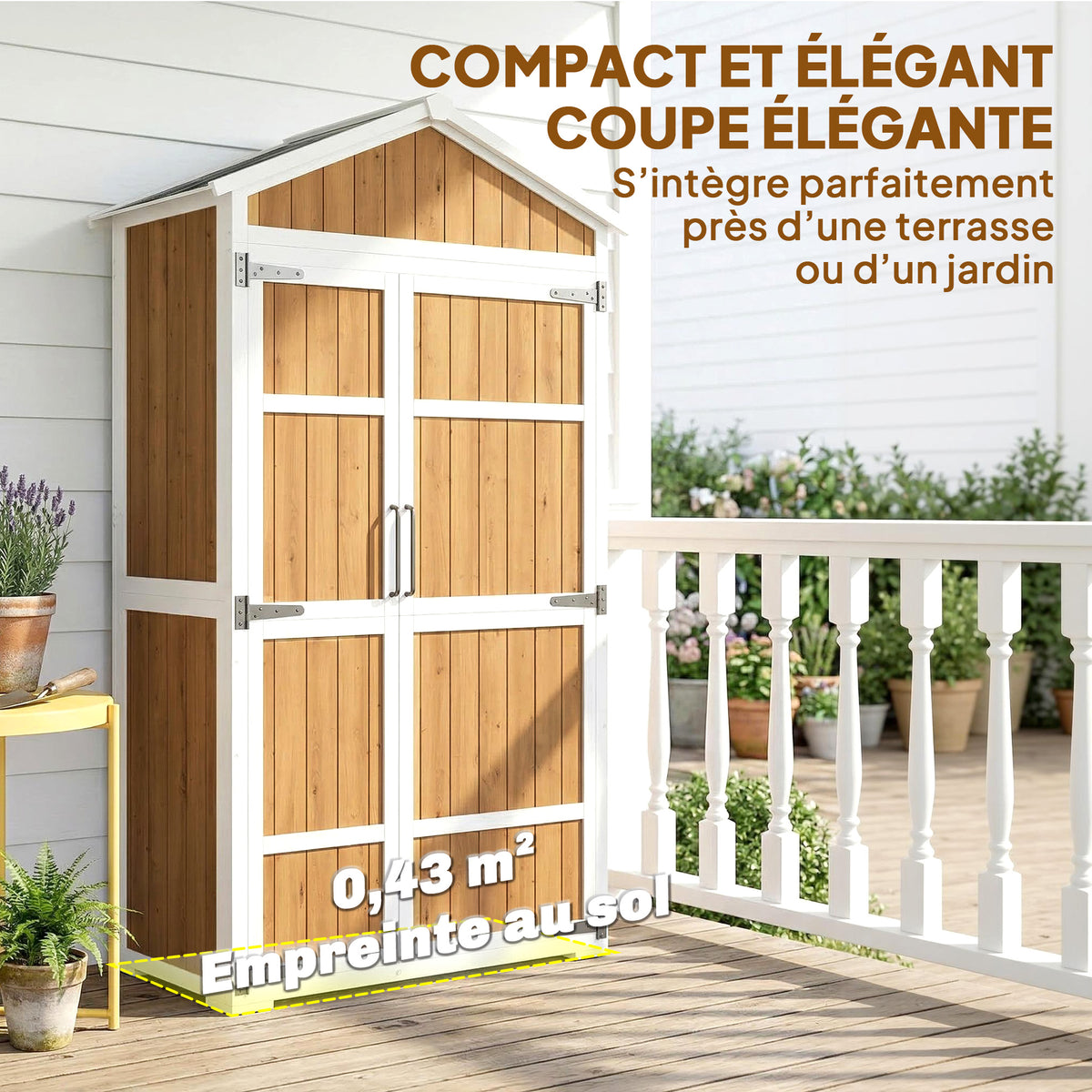 Armoire de Jardin Abri de Jardin Étanche avec Toit en Métal Double Porte pour Outils de Jardinage 105x55x179cm Naturel