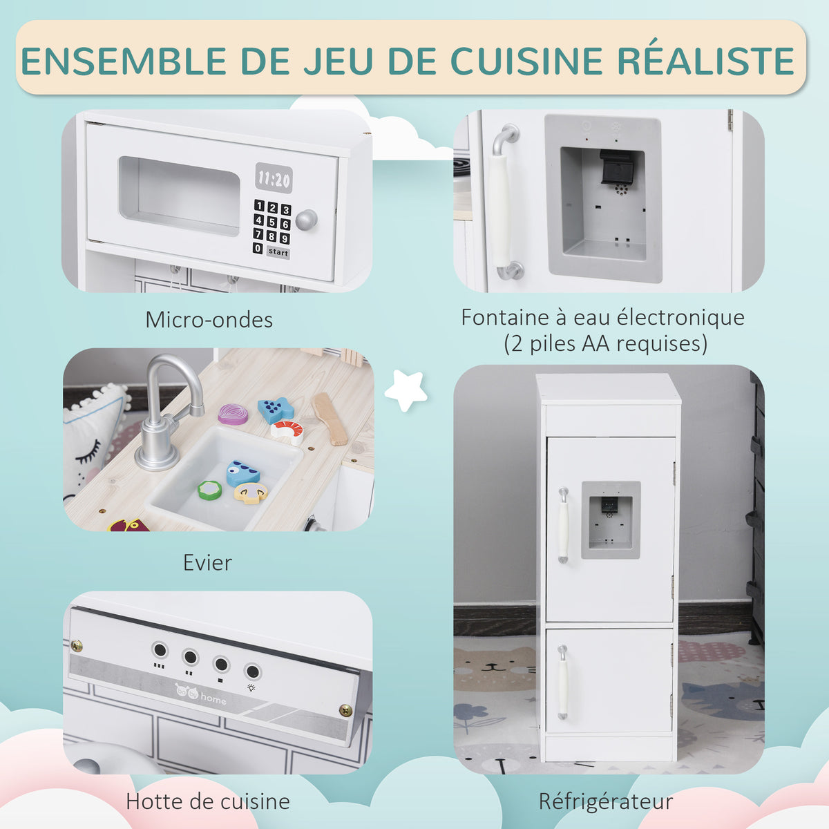 Cuisine Bois Jeu d'imitation - Cuisine Enfant 3+ Ans - Nombreux Accessoires & rangements Inclus - micro-ondes, hotte, évier avec robinet - MDF pin Blanc