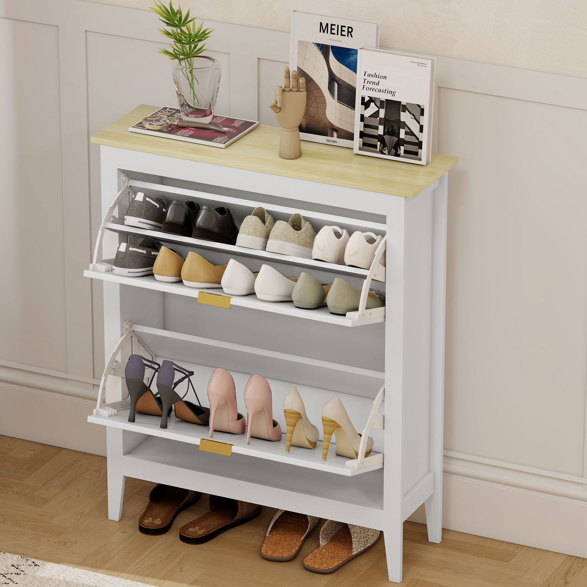 Meuble à chaussures 14 paires bohème avec 2 tiroirs rabattables, portes effet cannage rotin, 80 x 24 x 95,5 cm, blanc