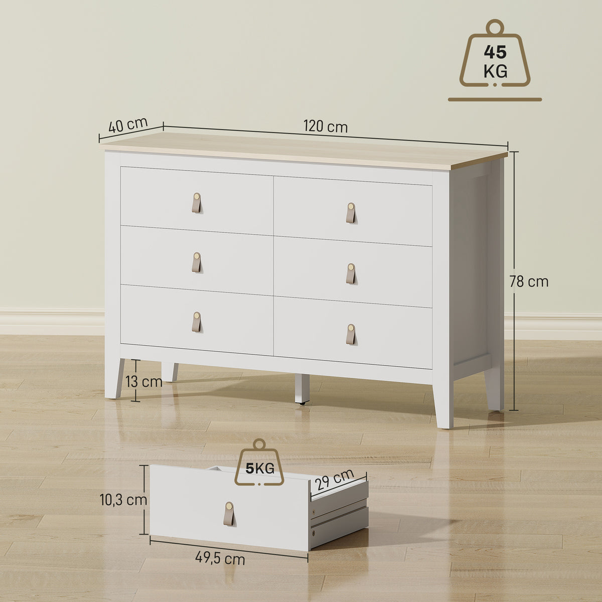 Commode 6 tiroirs meuble de rangement style contemporain avec poignées en polyuréthane, 120 x 40 x 78 cm, blanc
