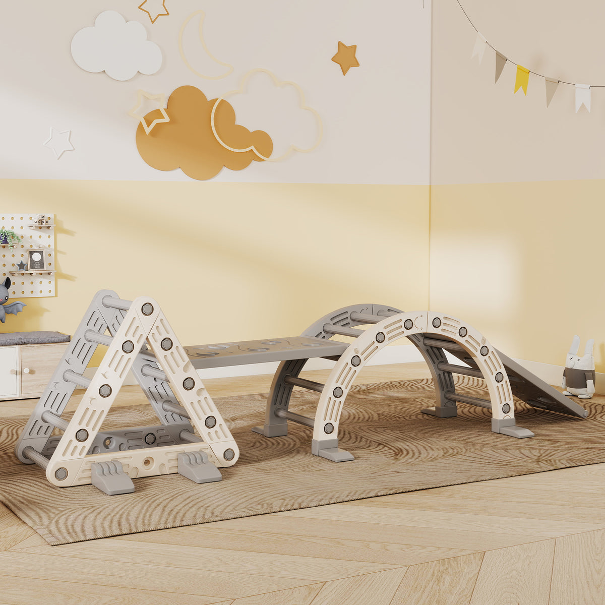 Triangolo da arrampicata 8 in 1 per bambini, arco da arrampicata, rampa bifacciale per arrampicarsi e scivolare, 279 x 80 x 69 cm, grigio