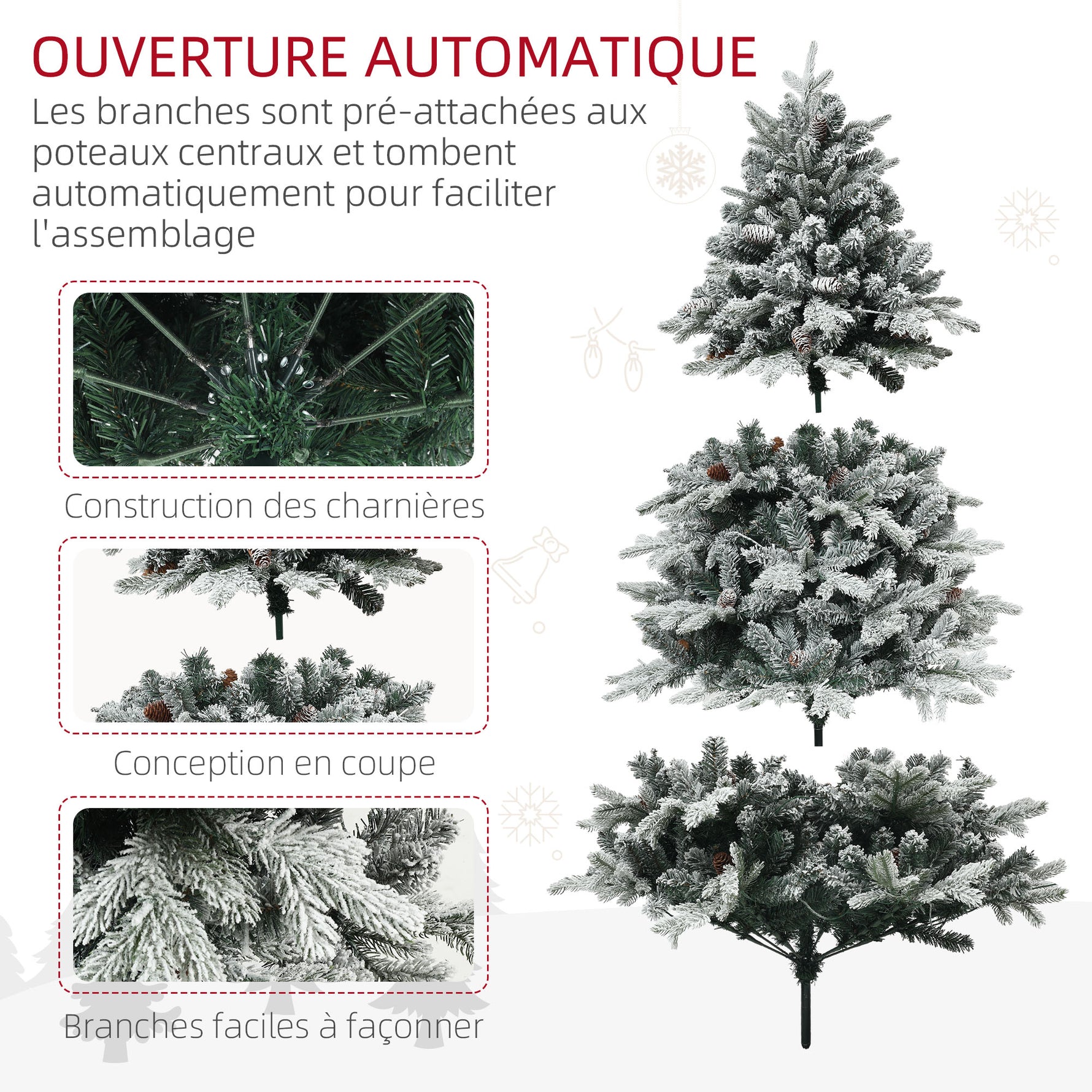 Sapin de Noël Artificiel 180 cm lumineux LED 793 Branches enneigées grand réalisme support en acier pliable Vert