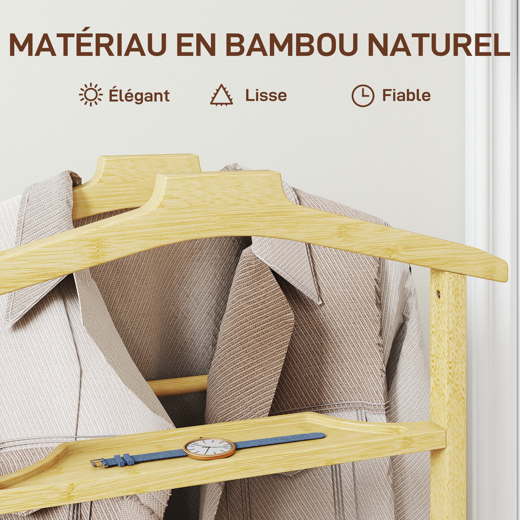 Portant à vêtements sur roulettes, porte-manteaux en bambou, double cintre intégré, 47 x 33,7 x 105,5 cm, bois naturel