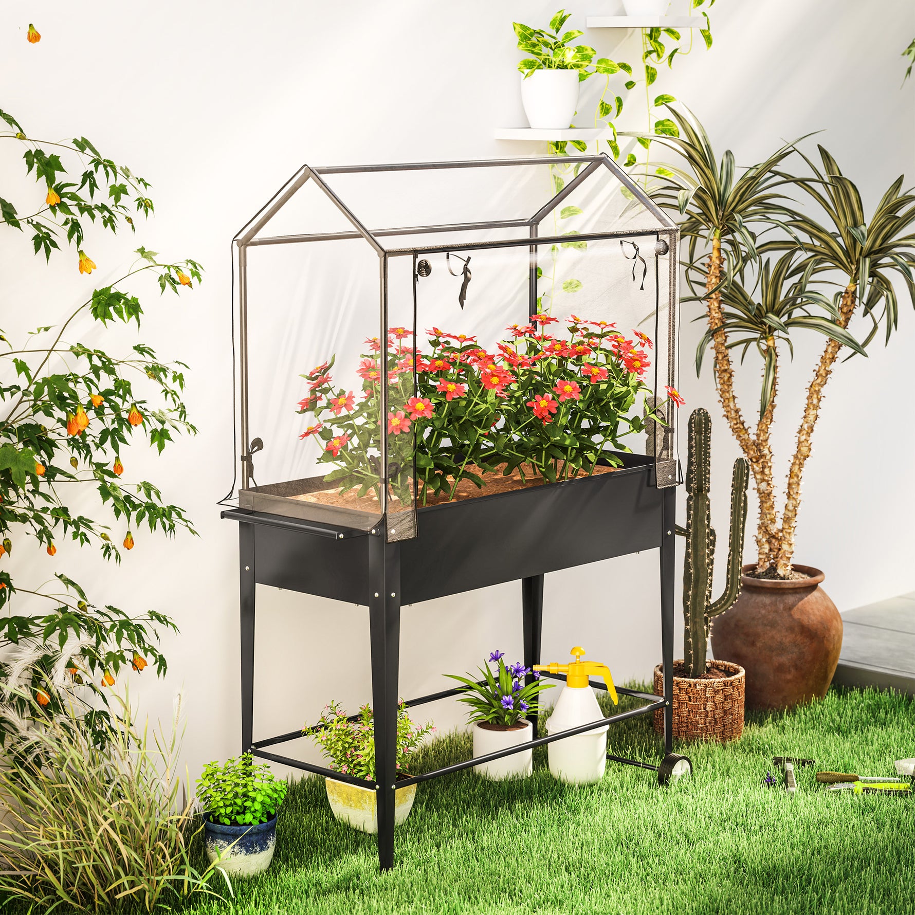 Carré potager sur pieds avec bâche en PVC jardinière surélevée avec roues trou de drainage 100 x 45 x 152 cm noir
