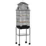 Cage à oiseaux sur pied, volière sur roulettes avec balançoire, support, design maison, 50,5 x 41 x 163 cm en acier noir