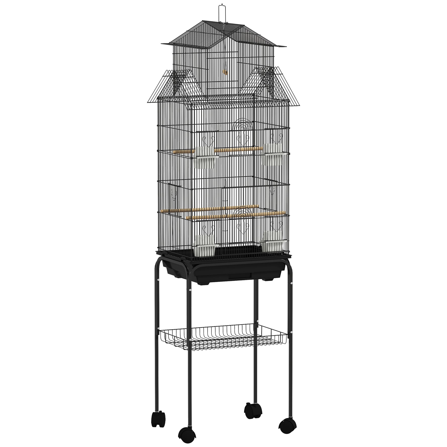Cage à oiseaux sur pied, volière sur roulettes avec balançoire, support, design maison, 50,5 x 41 x 163 cm en acier noir