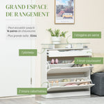 Armoire à Chaussures avec 2 Tiroirs Rabattables + 1 Tiroir Coulissant + 1 Comptoir et 1 Plateau en Verre blanc