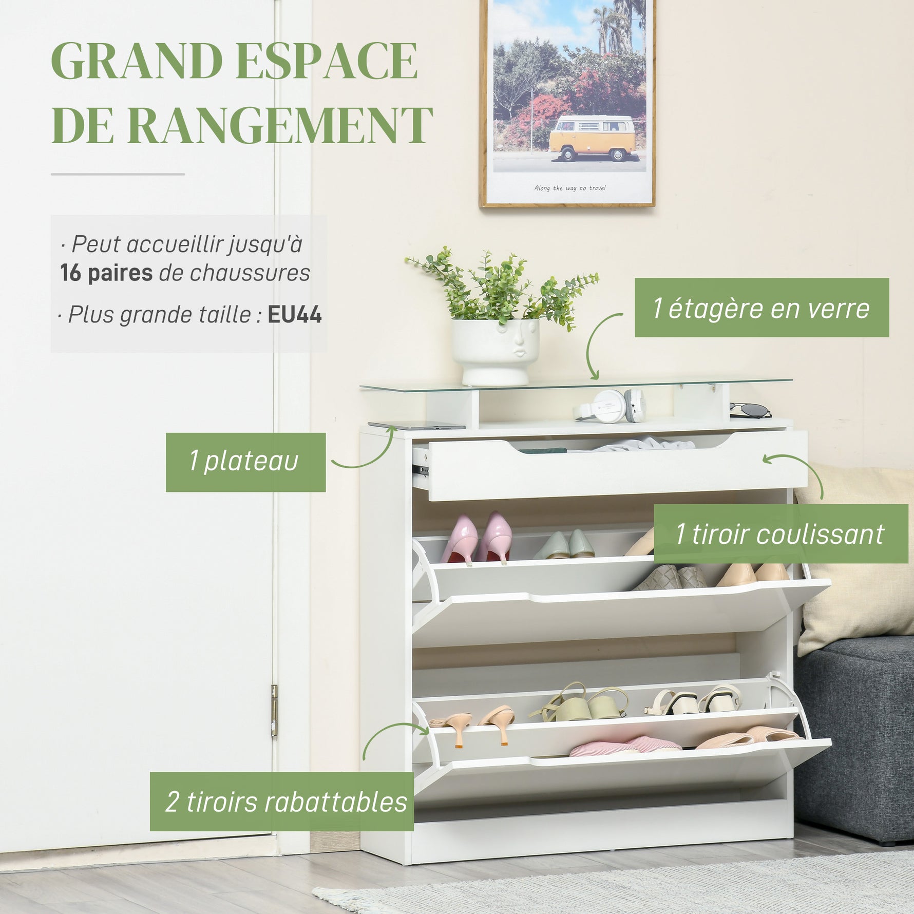 Armoire à Chaussures avec 2 Tiroirs Rabattables + 1 Tiroir Coulissant + 1 Comptoir et 1 Plateau en Verre blanc