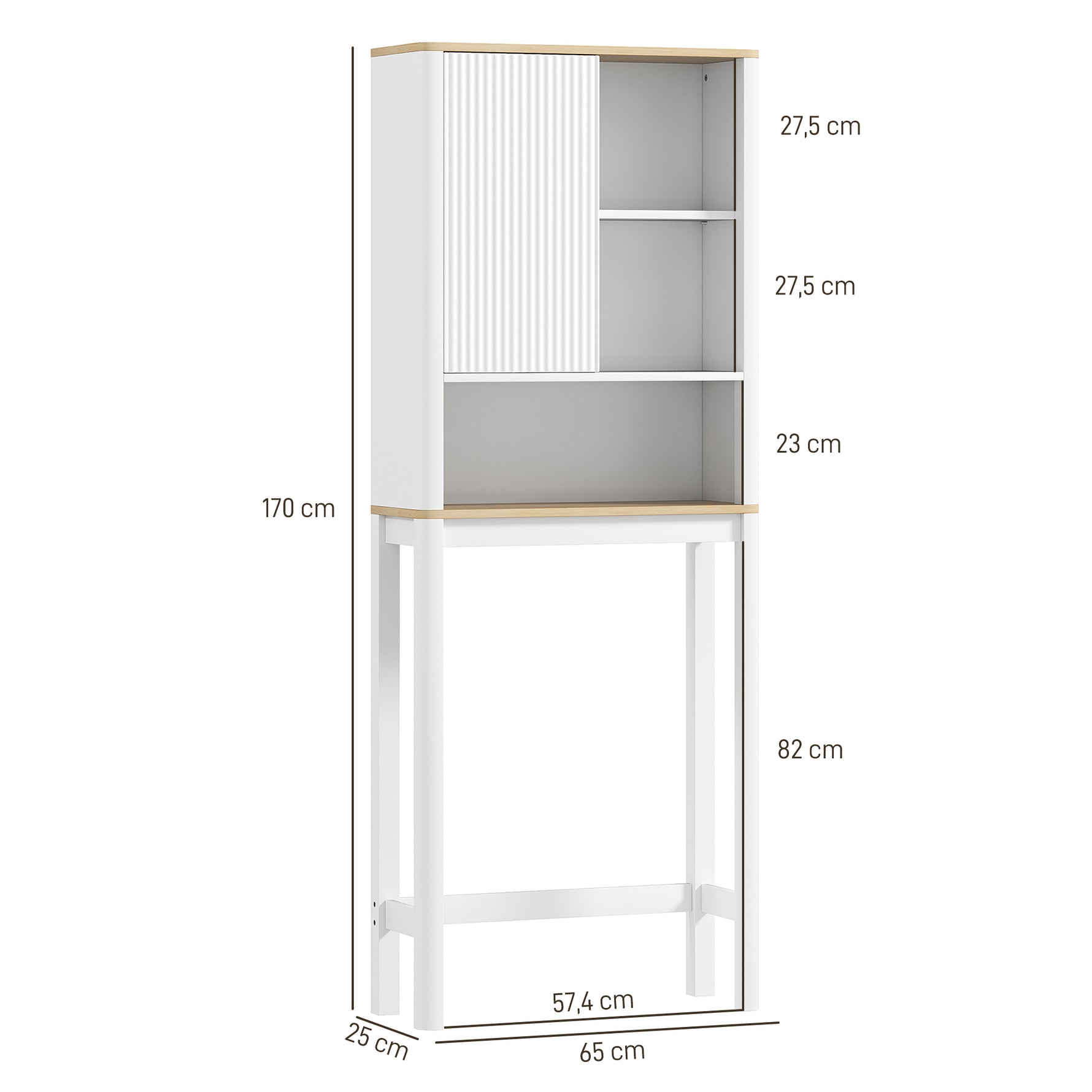 Meuble de rangement au-dessus des toilettes avec porte cannelée, compartiments, étagère réglable, 65x25x170cm, blanc