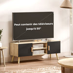 Meuble TV meuble télé bois banc TV jusqu'à 50 pouces avec étagères, 2 placards et passe-câbles, chêne