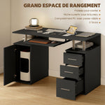 Bureau d'ordinateur, bureau informatique 120 x 55 cm avec plateau pour clavier, 3 tiroirs, pour chambre, domicile, noir