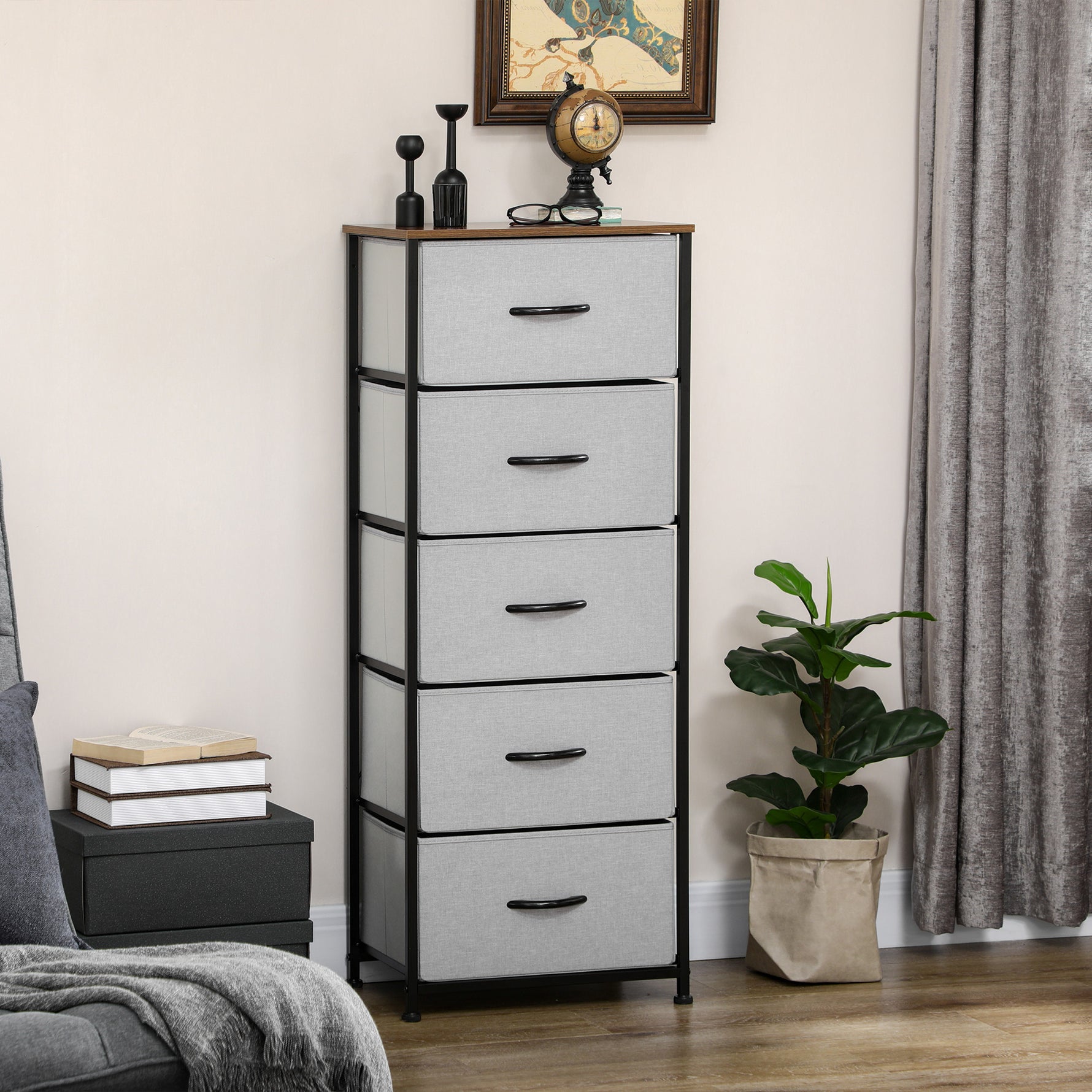 Commode 5 tiroirs meuble de rangement tiroir en tissu pliant - structure acier noir - 45 x 30 x 116 cm gris