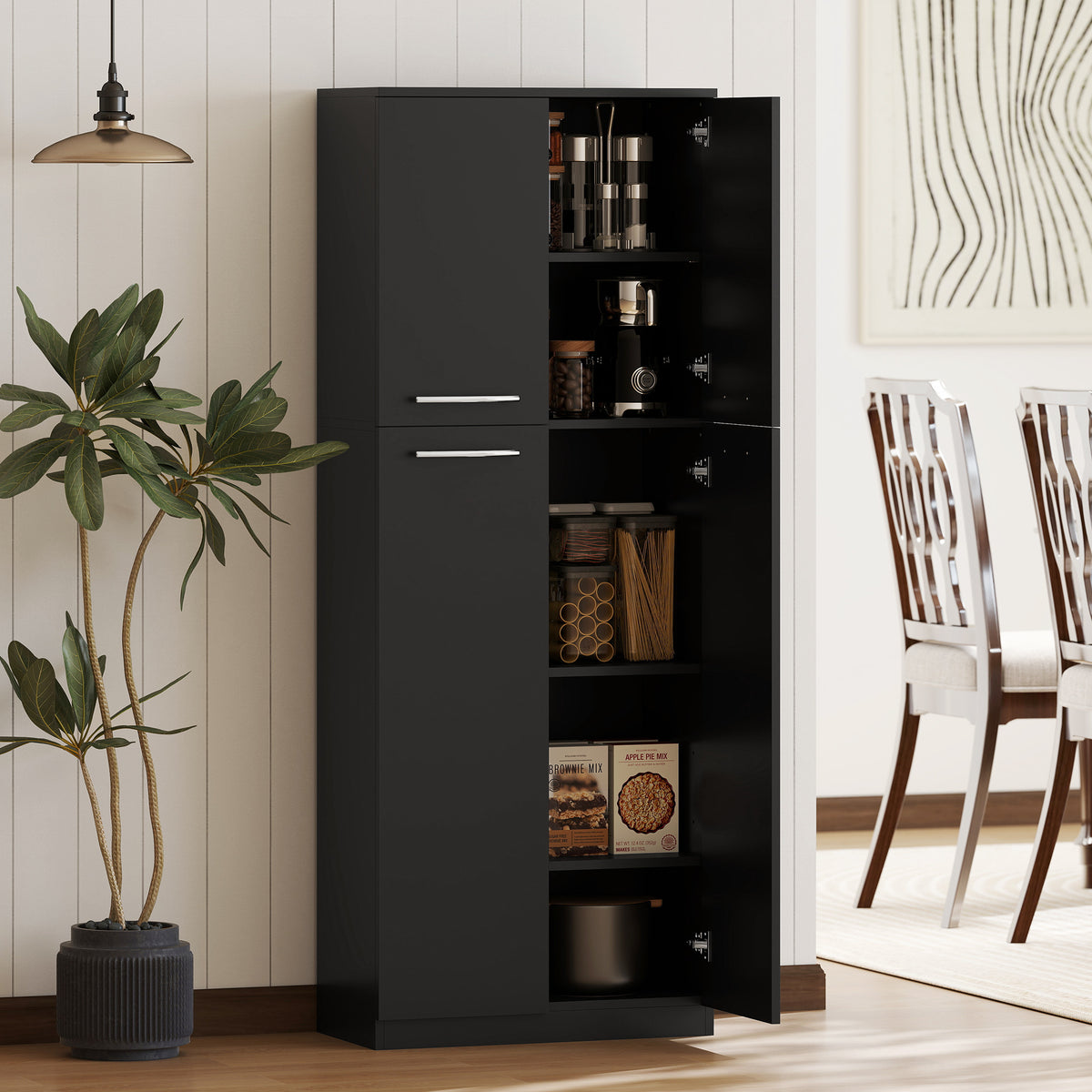 Hoher Küchenschrank, Küchenschrank mit 2 Türen und verstellbaren Einlegeböden, moderner Stil, 59 x 31 x 155 cm, Schwarz