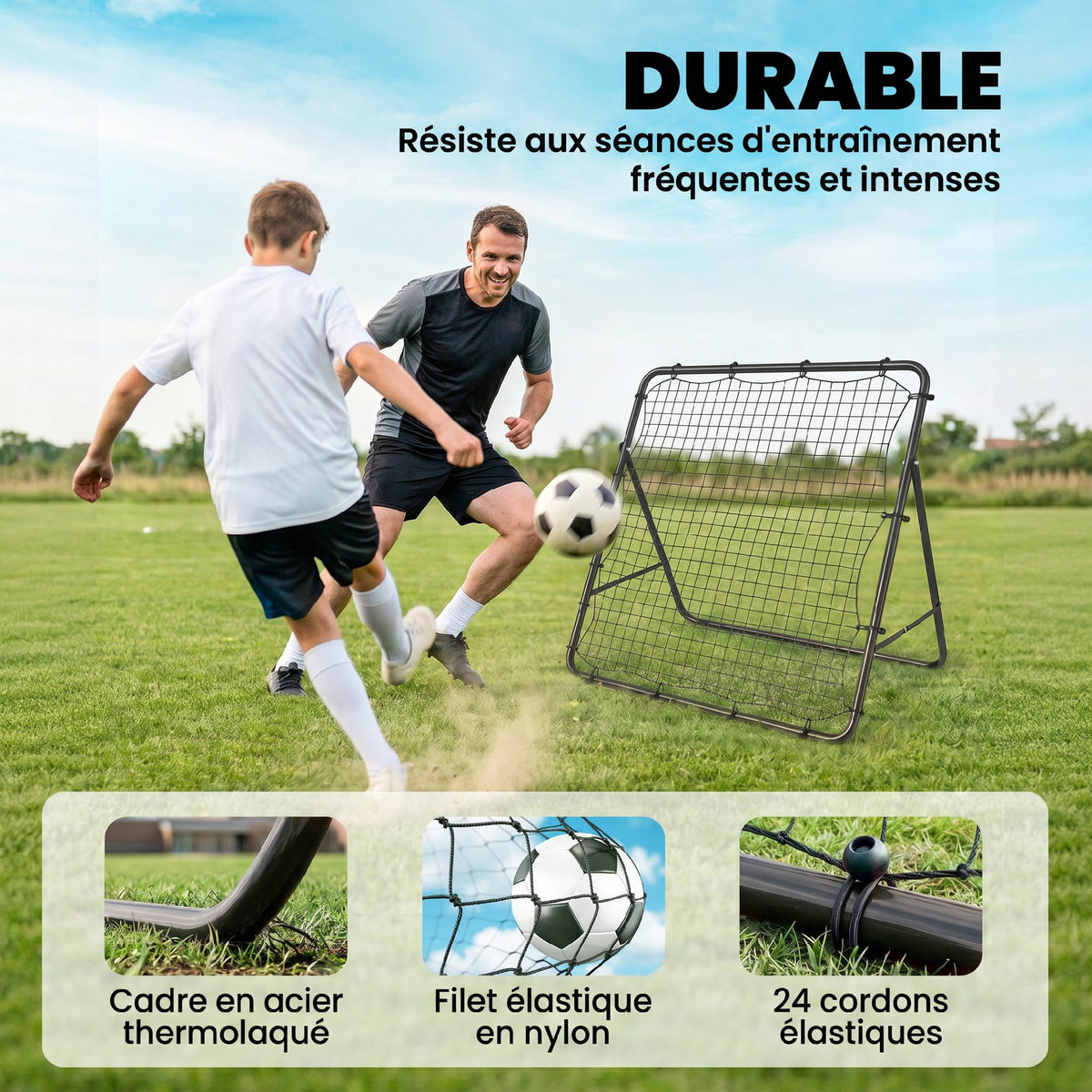 Filet de Rebond Pliable Réglable à 5 Angles avec 24 Cordes Élastiques Filet pour Football, Acier, 120x73x112cm, Noir