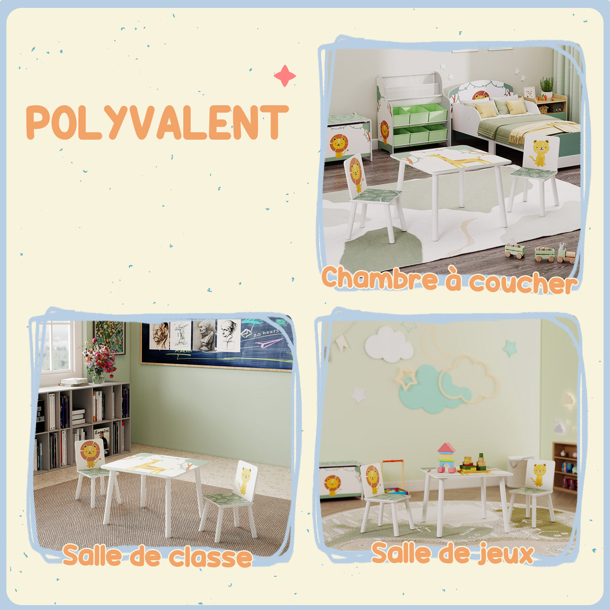 Table enfant avec chaise, ensemble table et 2 chaises enfant en bois, motifs animaux, 60 x 60 x 44 cm, vert