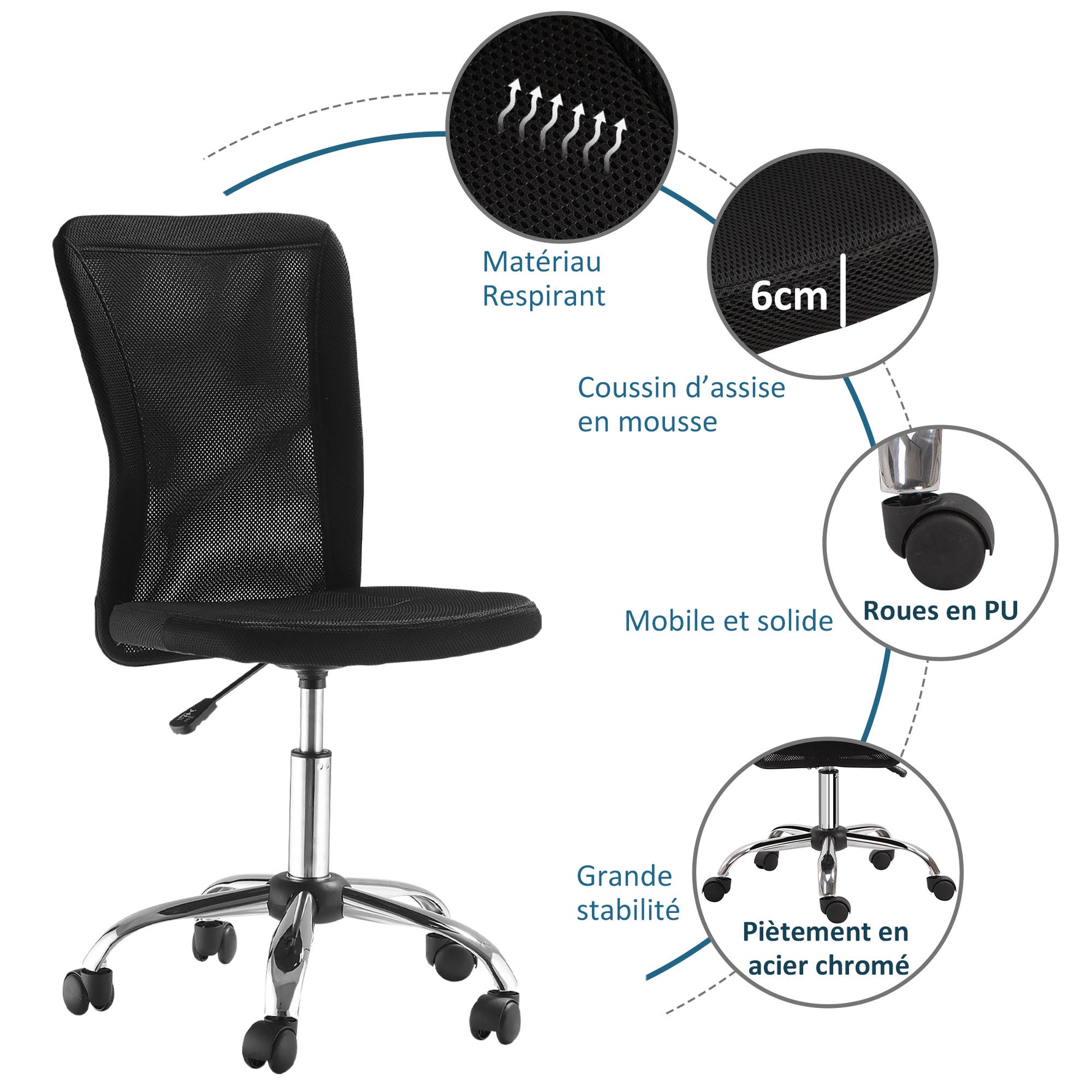 Chaise de Bureau Ergonomique, Fauteuil de Bureau, Hauteur Réglable, Piètement Chromé Noir