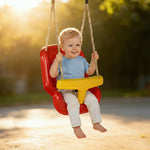 Balançoire pour enfants, balançoire bébé extérieure, dossier haut, barre de sécurité, hauteur ajustable, rouge et jaune