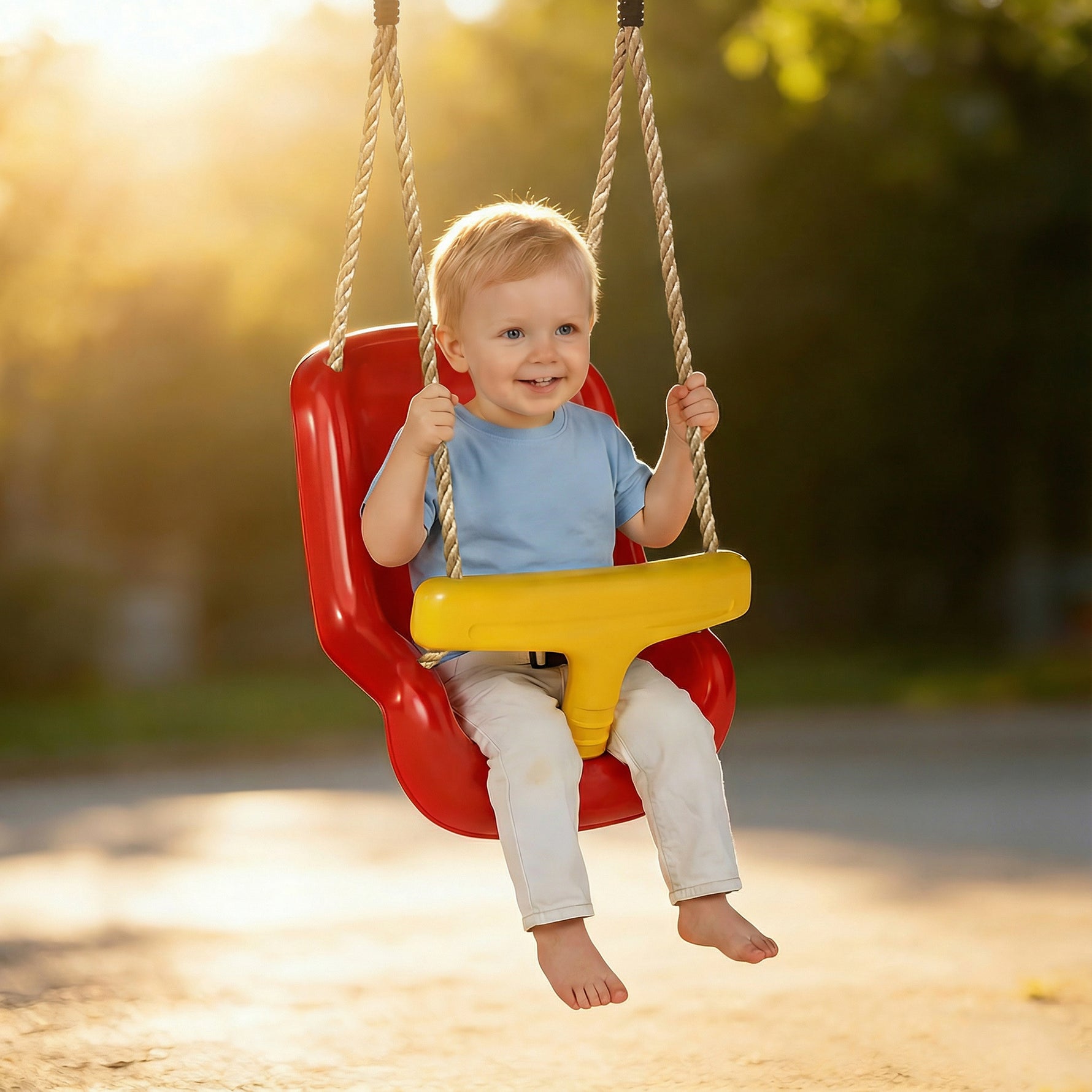 Balançoire pour enfants, balançoire bébé extérieure, dossier haut, barre de sécurité, hauteur ajustable, rouge et jaune