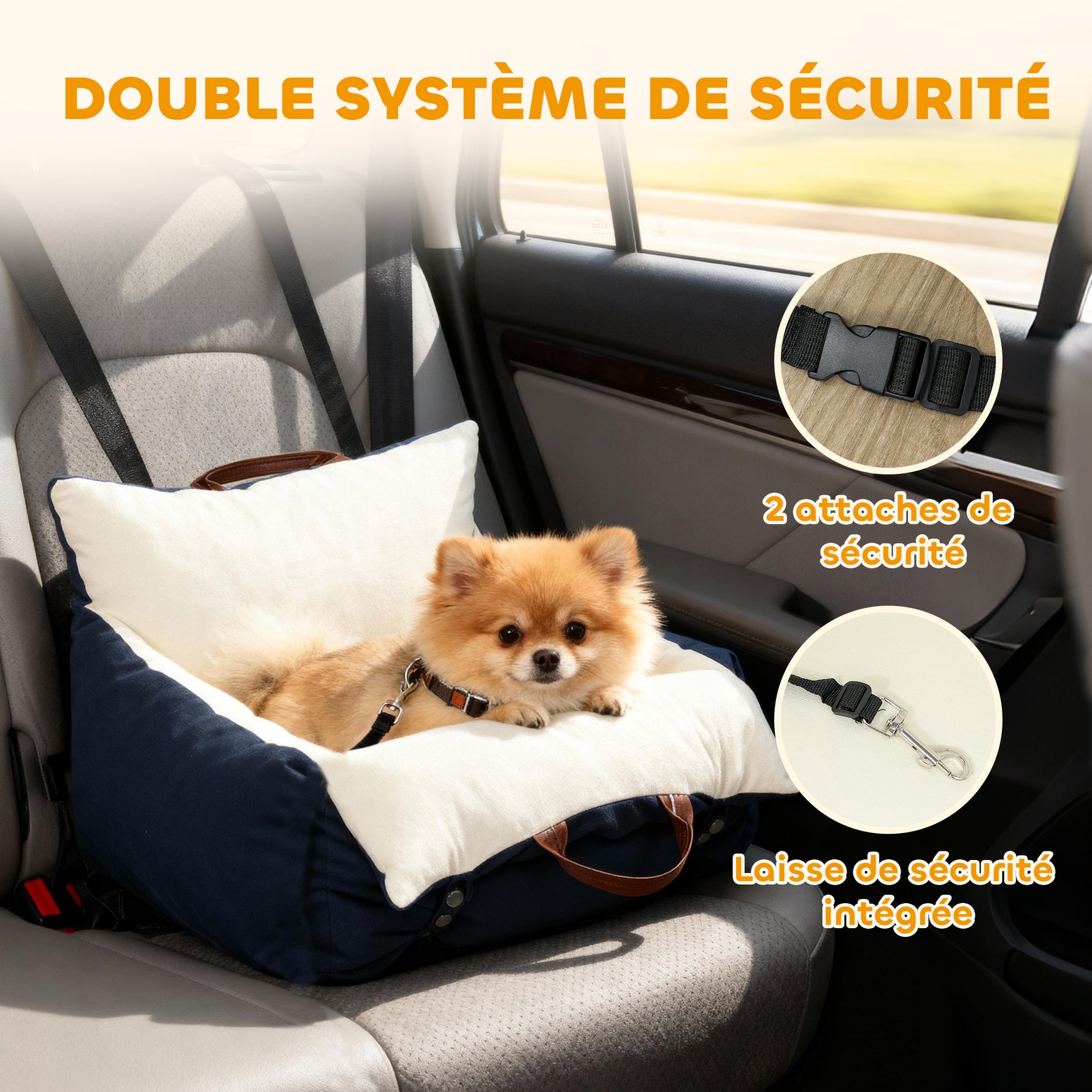 Siège auto pour chien avec ceinture de sécurité et fixation siège de voiture pour chien rembourré 49x53x36cm bleu marine