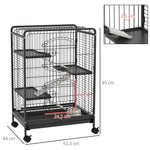 Jaula para roedores, jaula para animales pequeños con ruedas, 3 rampas, 3 plataformas, comedero y botella de agua, bandeja inferior extraíble para conejos, visones y chinchillas, acero PP, 61,5x44x95 cm, negra