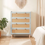 Commode 4 Tiroirs en Bois et Rotin PVC, Style Bohème, pour Chambre à Coucher, Entrée, Couloir, 80x40x109,2cm, Vert Sauge