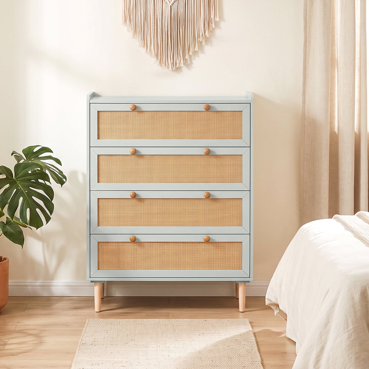 Commode 4 Tiroirs en Bois et Rotin PVC, Style Bohème, pour Chambre à Coucher, Entrée, Couloir, 80x40x109,2cm, Vert Sauge