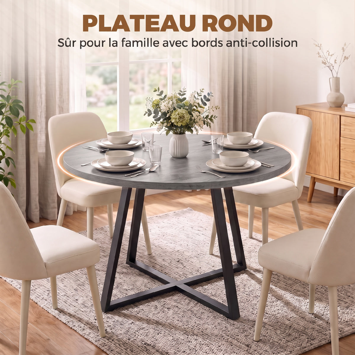 Round Dining Table for 4 People Ø 100 cm, Square Carbon Steel Frame, Industrial Style, Grey Wood Effect