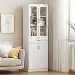 Buffet haut cuisine, armoire de cuisine, 4 portes dont 2 en verre, tiroirs, étagères réglables, 60x35x180cm, blanc
