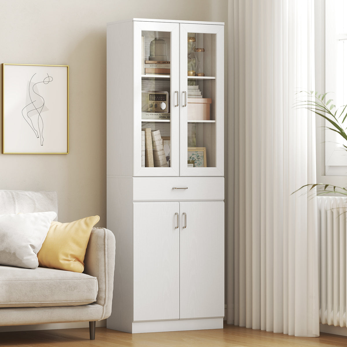 Buffet haut cuisine, armoire de cuisine, 4 portes dont 2 en verre, tiroirs, étagères réglables, 60x35x180cm, blanc