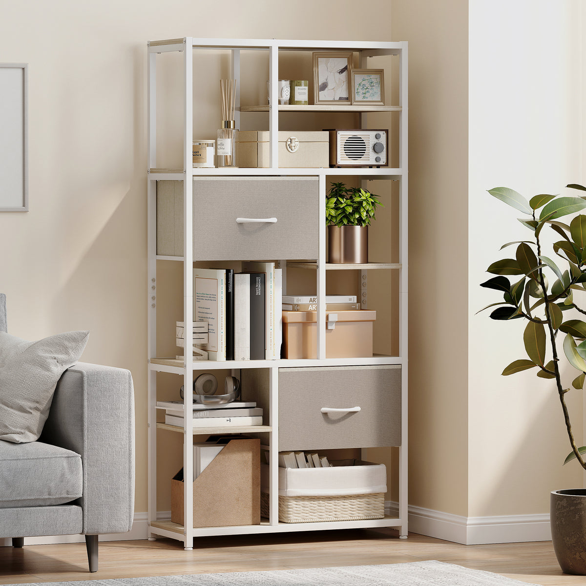 Étagère de rangement 6 niveaux, bibliothèque avec 2 tiroirs en tissu, 9 étagères ouvertes, 72,5 x 30 x 150 cm, blanc
