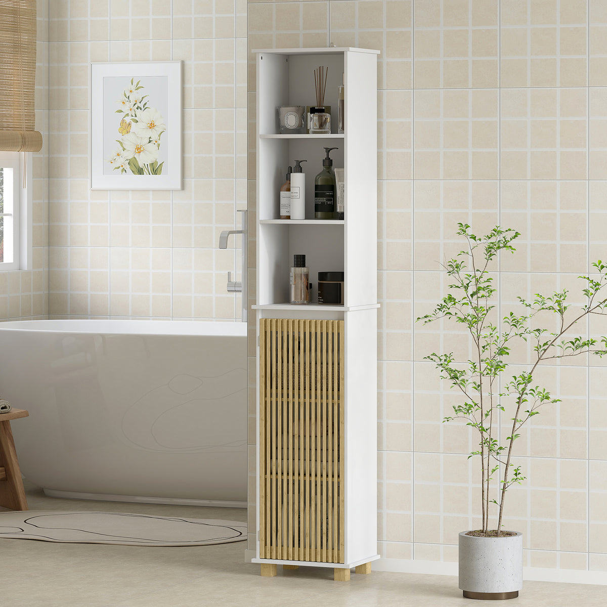Colonne salle de bain, meuble salle de bain rangement avec porte à lattes en bambou et compartiments ouverts, blanc