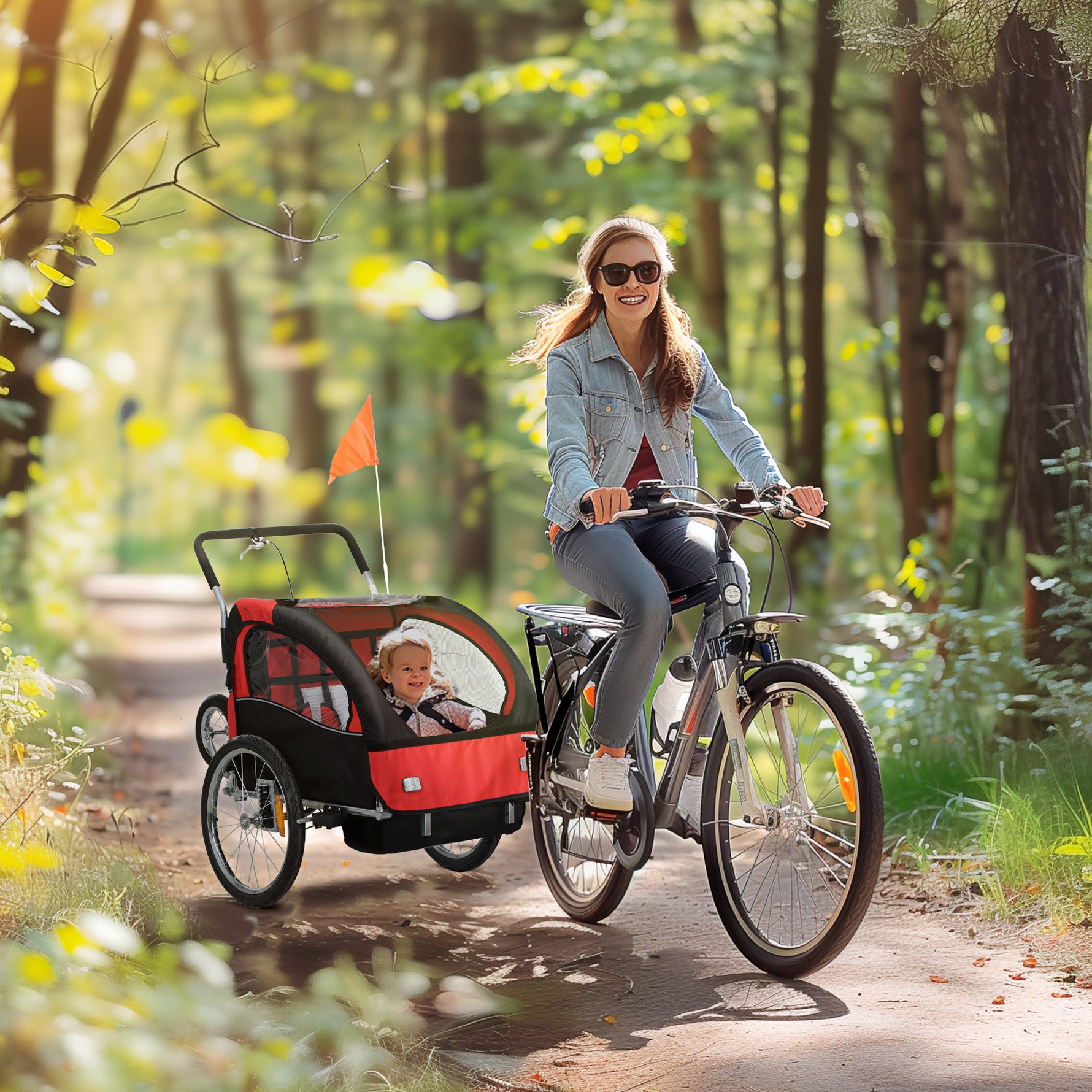 Remorque vélo enfant 2 en 1 avec ceinture de sécurité 5 points, réflecteurs, drapeau et rideau coupe-vent, rouge