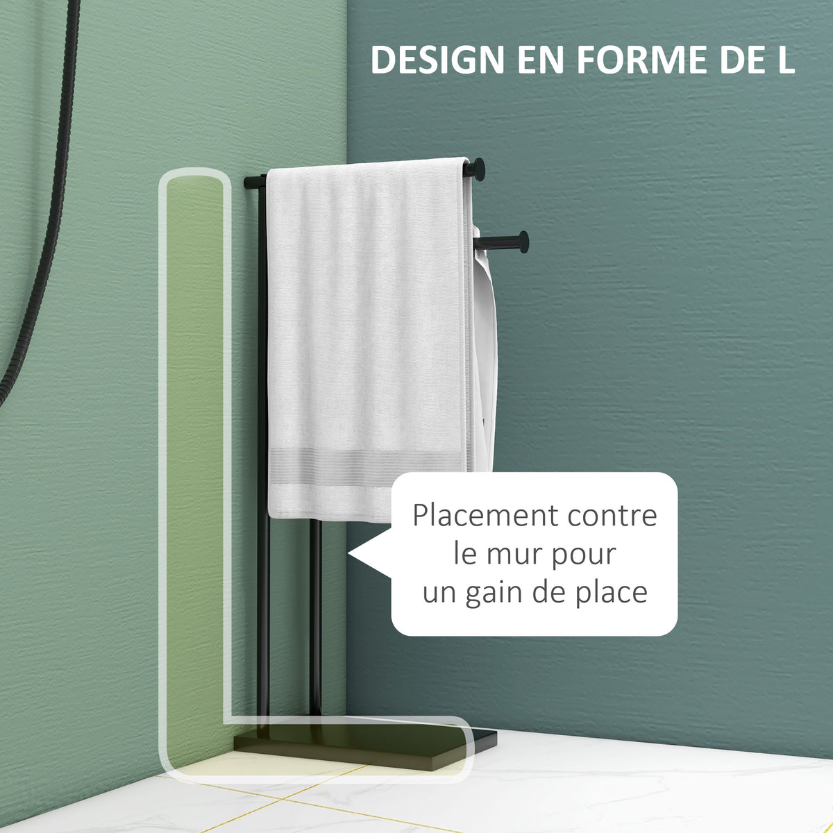 Porte-serviettes sur pied en acier avec 2 barres support pour serviette 35,5l x 20P x 78H cm - noir