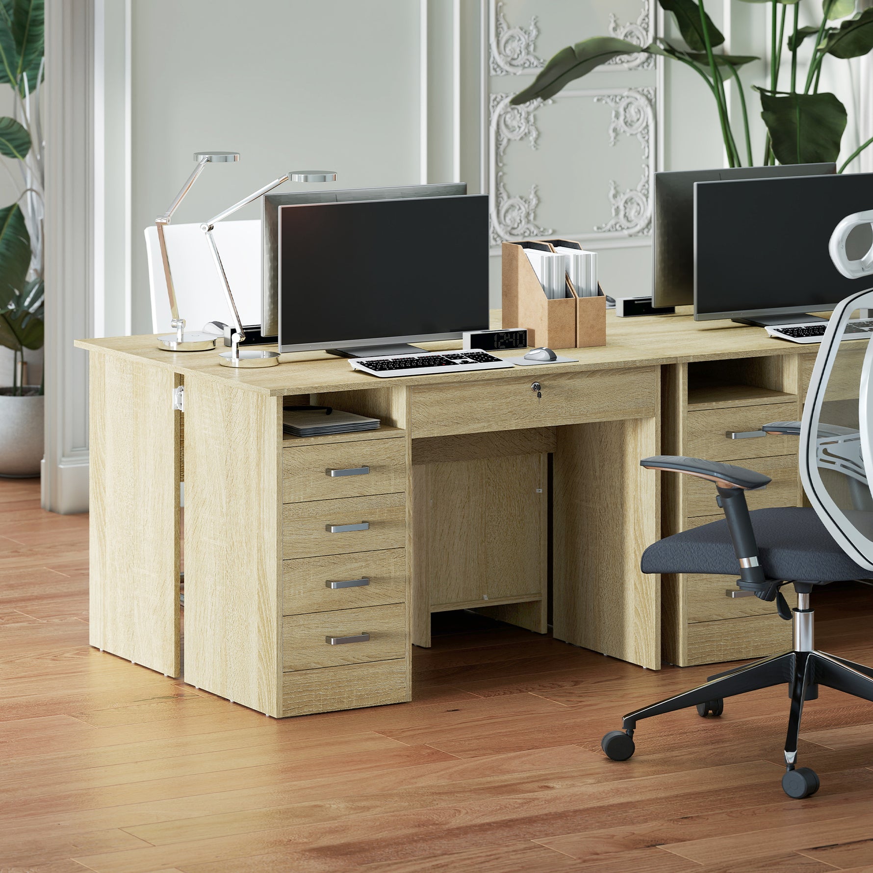 Bureau moderne avec 5 tiroirs, grand plateau, 1 compartiment ouvert, tiroir verrouillable, 110 x 50 x 76cm, chêne