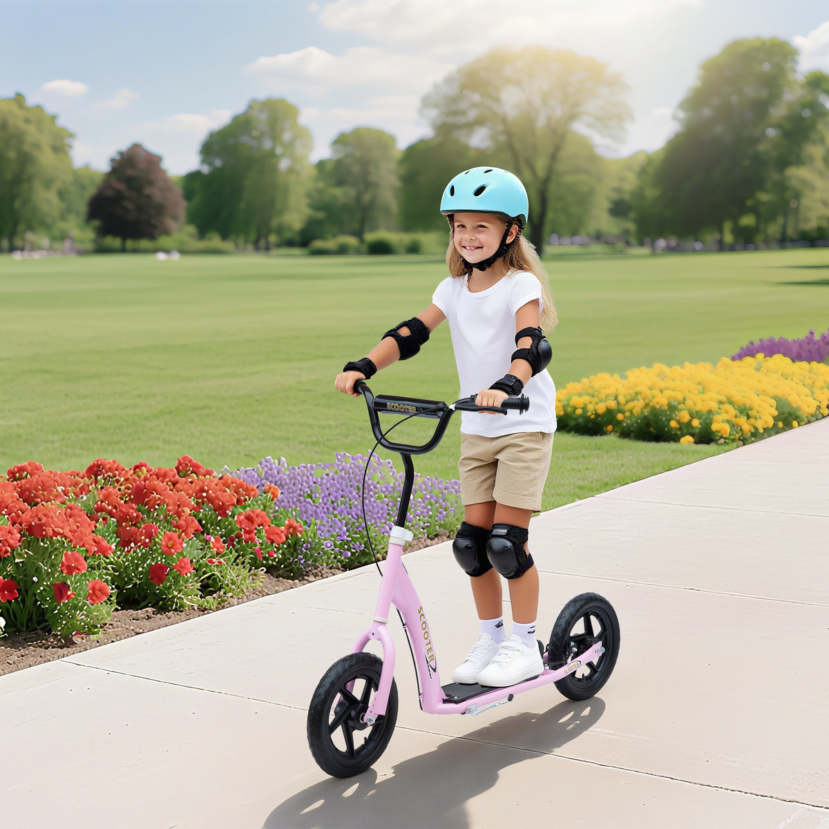 Kinderroller Cityroller 30 cm Luftreifen, höhenverstellbarer Lenker, Handbremse und Ständer, Stahl, für Kinder ab 5 Jahren, Pink