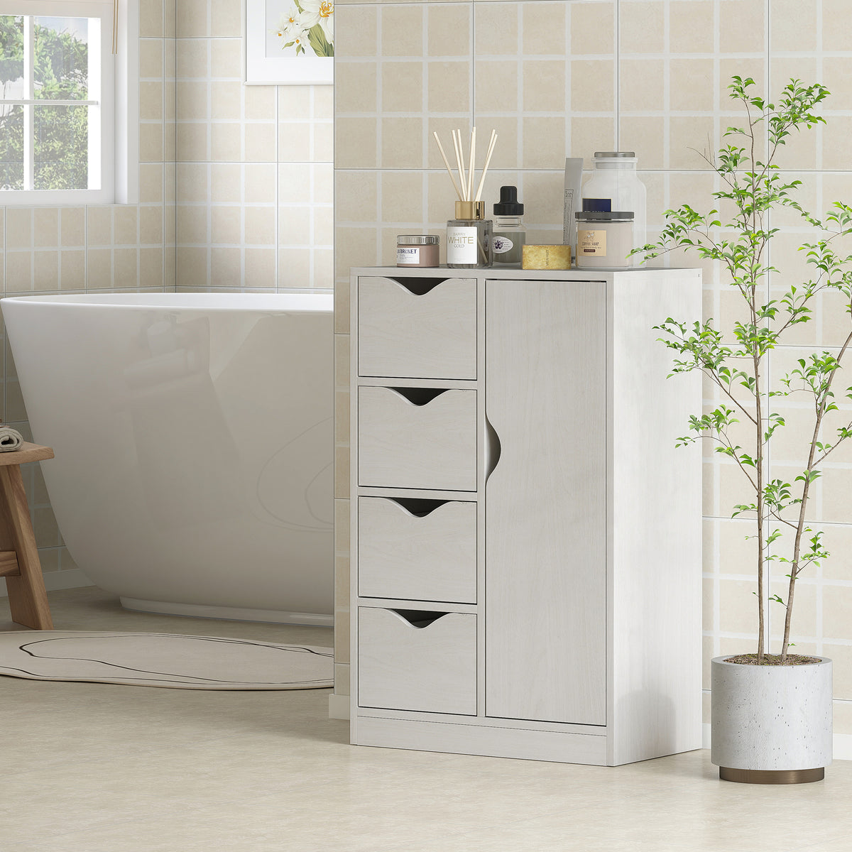 Meuble de rangement buffet commode moderne 1 placard et 4 tiroirs - en bois - pour salon, cuisine, entrée, salle à manger - blanc