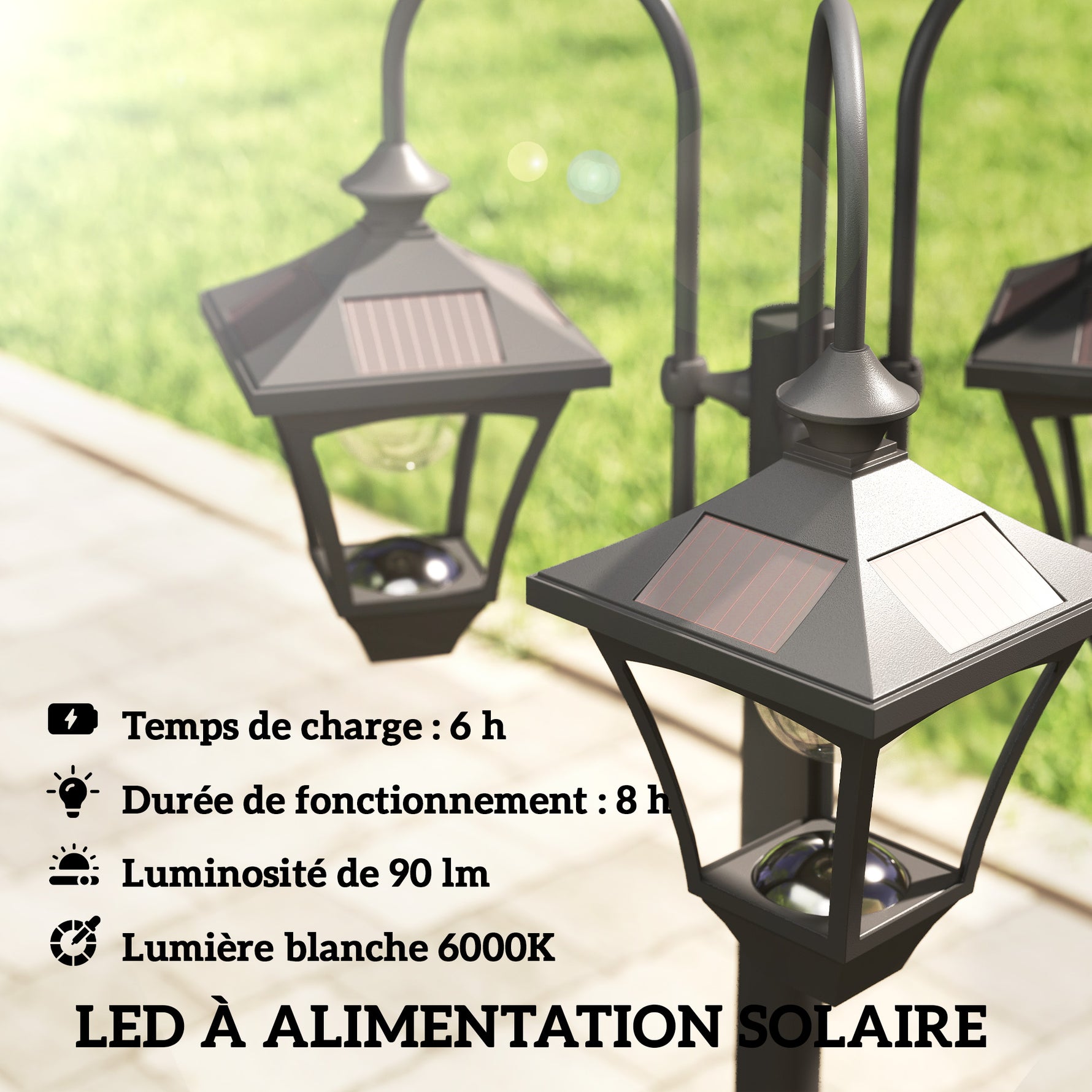 Lampadaire Extérieur sur Pied à 3 Têtes avec Bac à Fleurs, Capteur Automatique Crépuscule à L'aube, 52x52x185cm, Noir