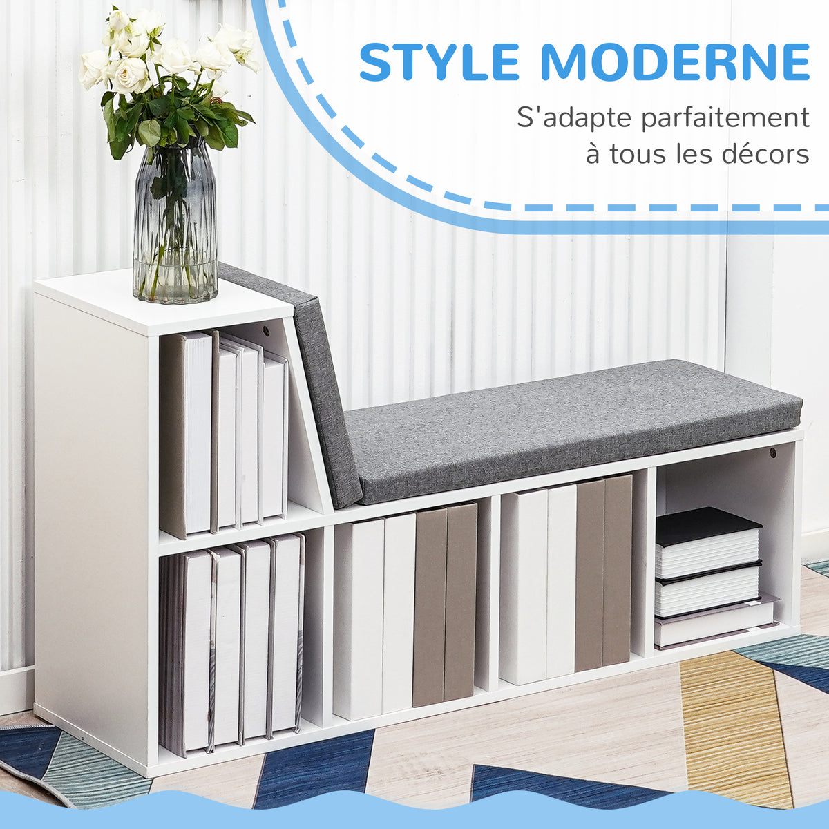 Bibliothèque banc 2 en 1 avec 5 compartiments de rangement et 2 coussins 108 x 30 x 60 cm blanc gris