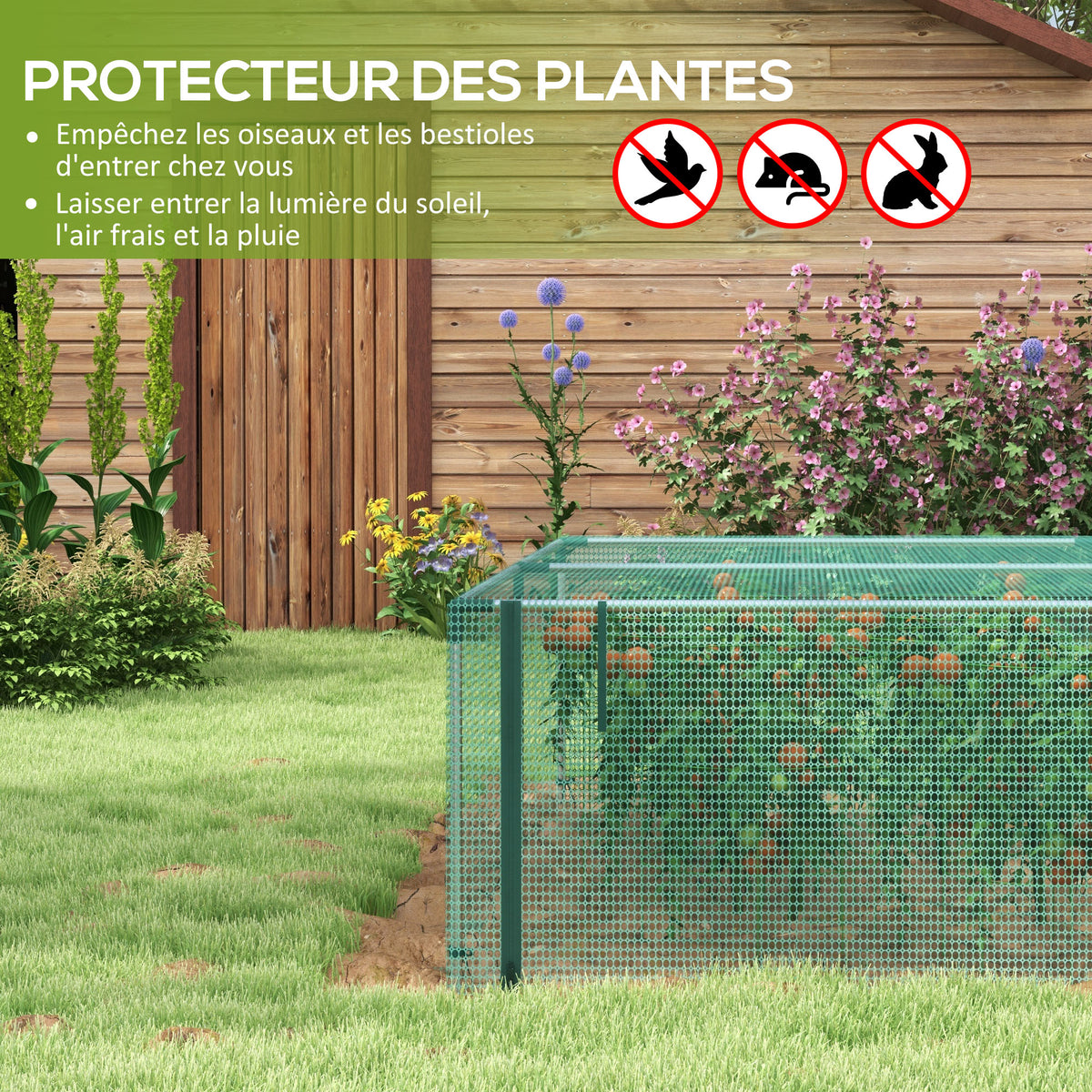 Serre de jardin serre à tomates filet protection porte zippée enroulable HDPE, dim. 125L x 373l x 62,5H cm
