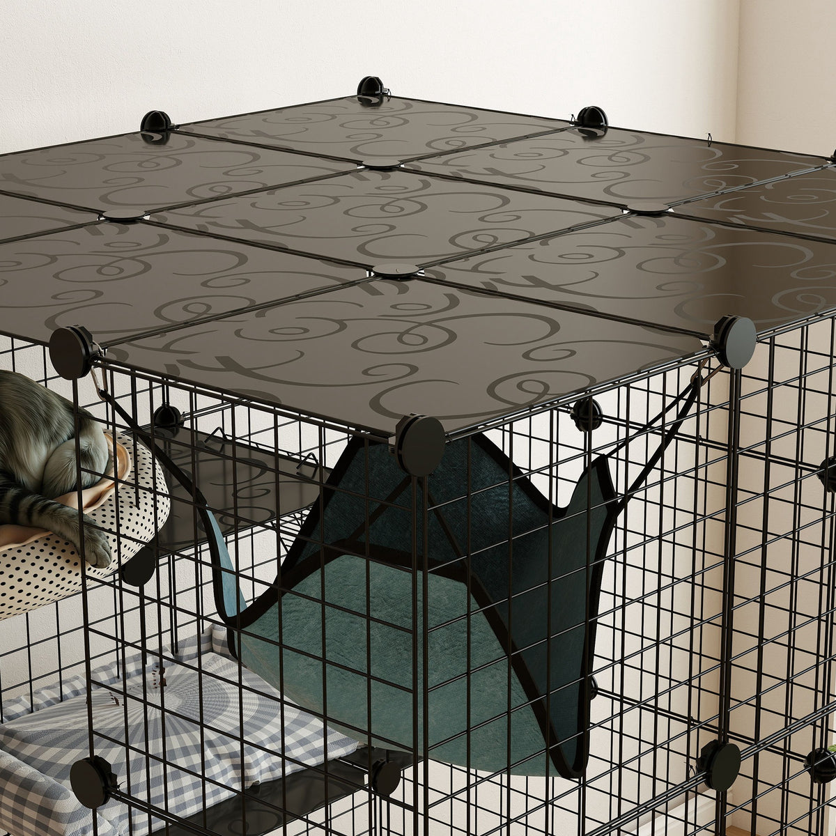 Maskota-itxitura, untxi-itxitura barrualdeko 4 mailakoa, modularra, sare-panelak, 105 x 105 x 140 cm, beltza