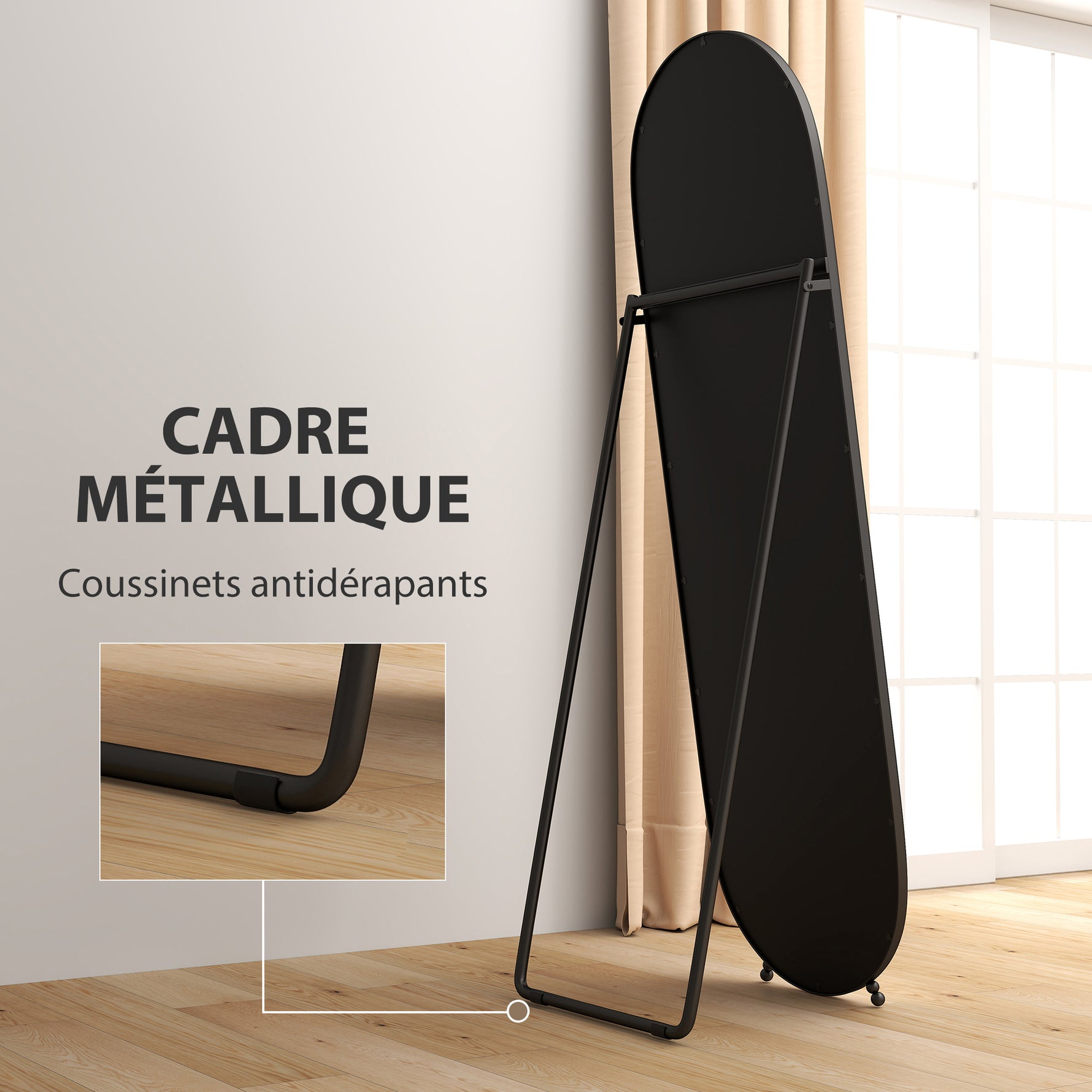 Grand miroir sur pied, miroir ovale, cadre en métal noir, avec support pour entrée, chambre, dressing, 40 x 160 cm