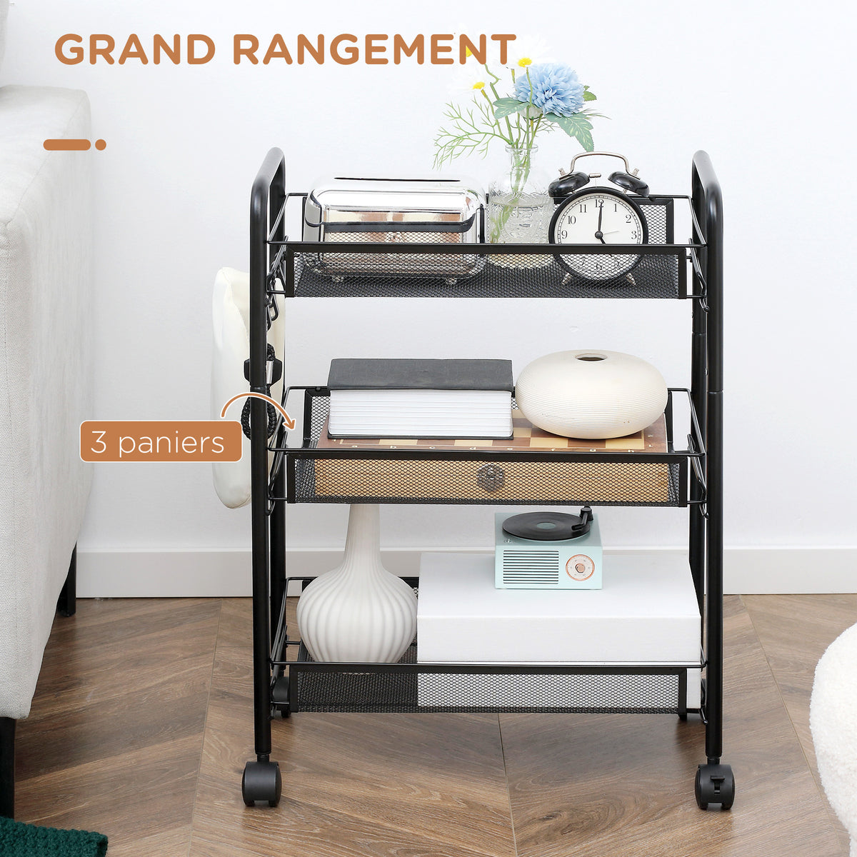 Chariot à 3 niveaux avec paniers desserte à roulettes chariot de rangement roulante 45 x 26,5 x 63 cm Noir