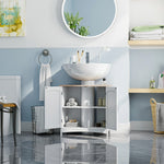 Meuble salle de bain sous lavabo à double portes avec étagères réglables, blanc et bois naturel