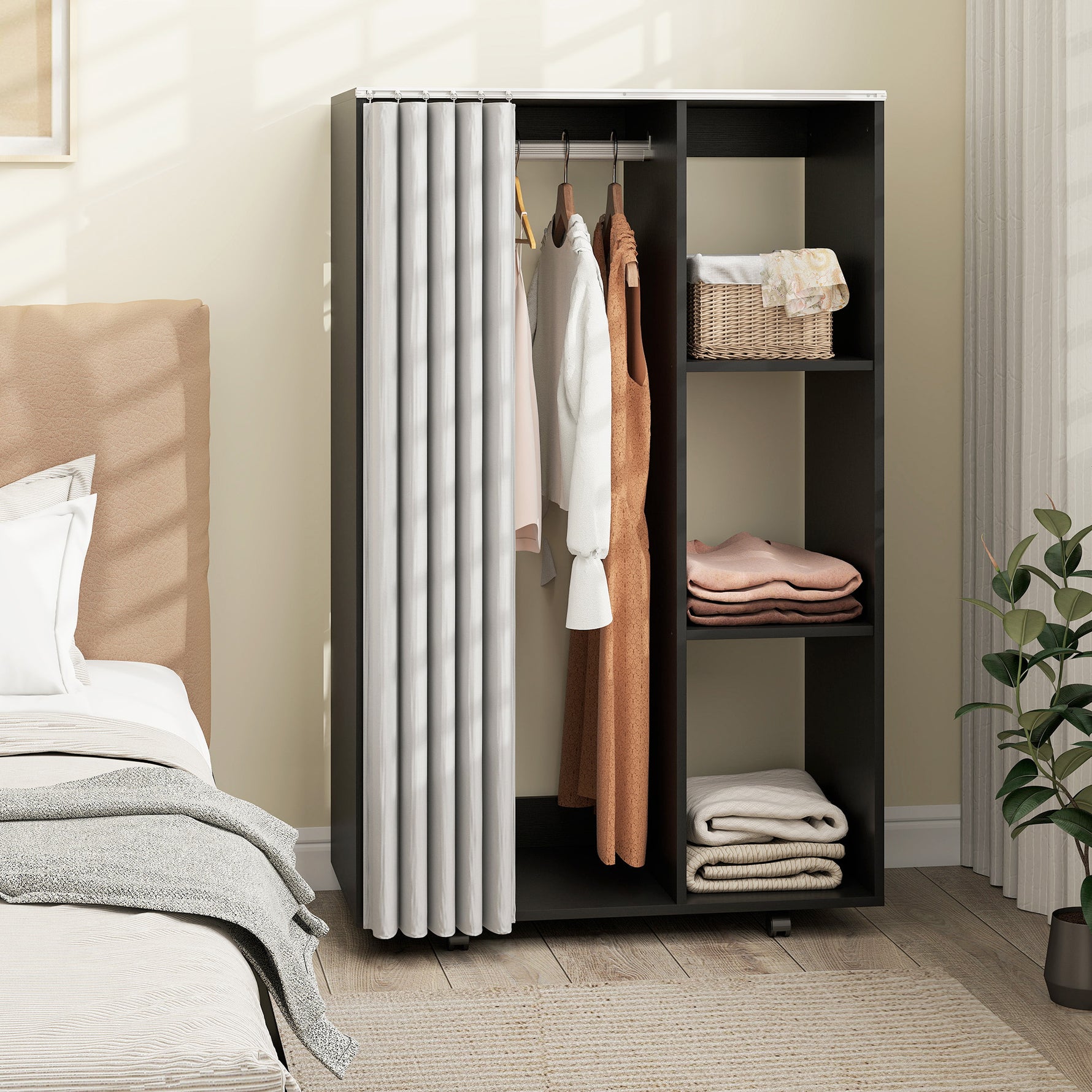 Armoire penderie vêtement dressing mobile 4 roulettes tringle à vêtements et étagères ouvertes 80 x 40 x 128 cm noir