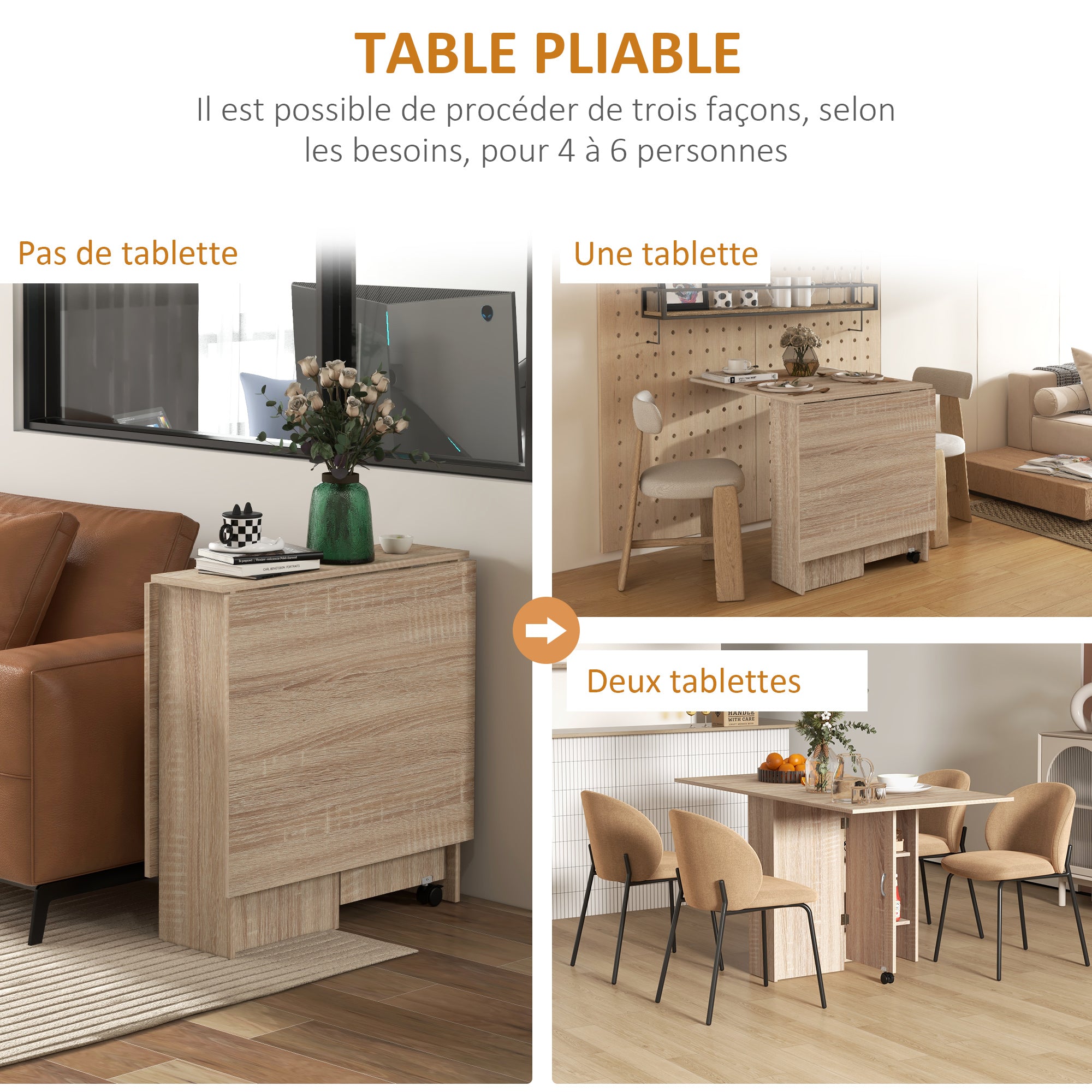 Mobiler Klapptisch auf Rollen mit 2 klappbaren Tischplatten und 2 integrierten Regalen 140 x 80 x 74 cm natur