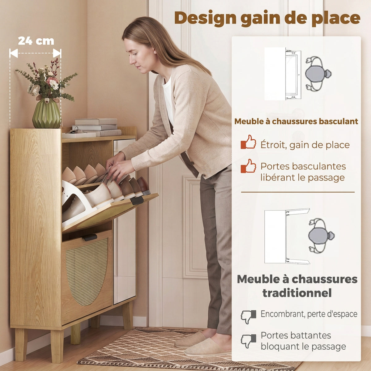 Meuble à Chaussures 10 Paires, Armoire à Chaussures, Porte en Miroir, 2 Tiroirs Rabattables et Étagères Réglables, Chêne