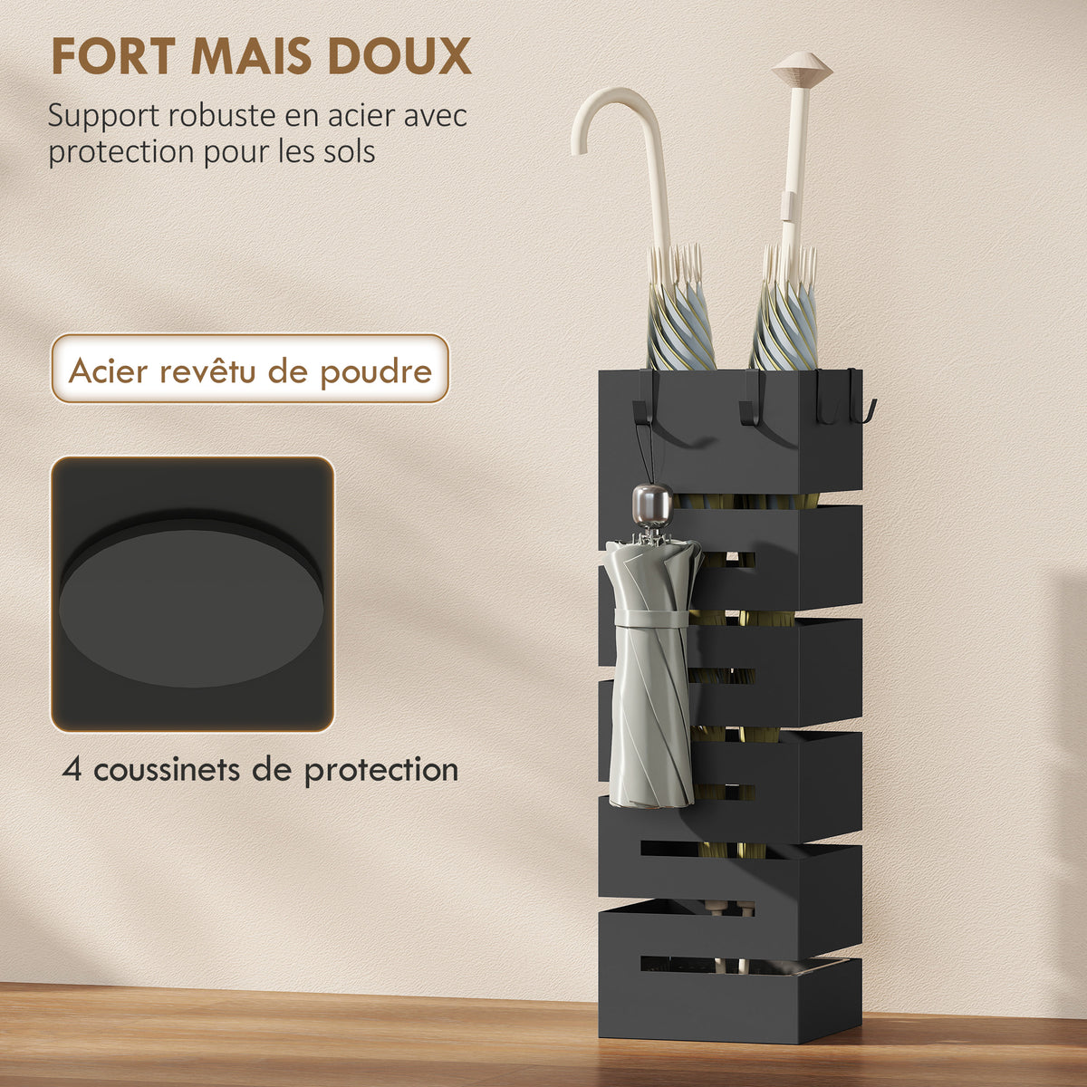 Porte-parapluie en métal rectangulaire, support pour 8 parapluies avec crochets et bac de récupération, noir
