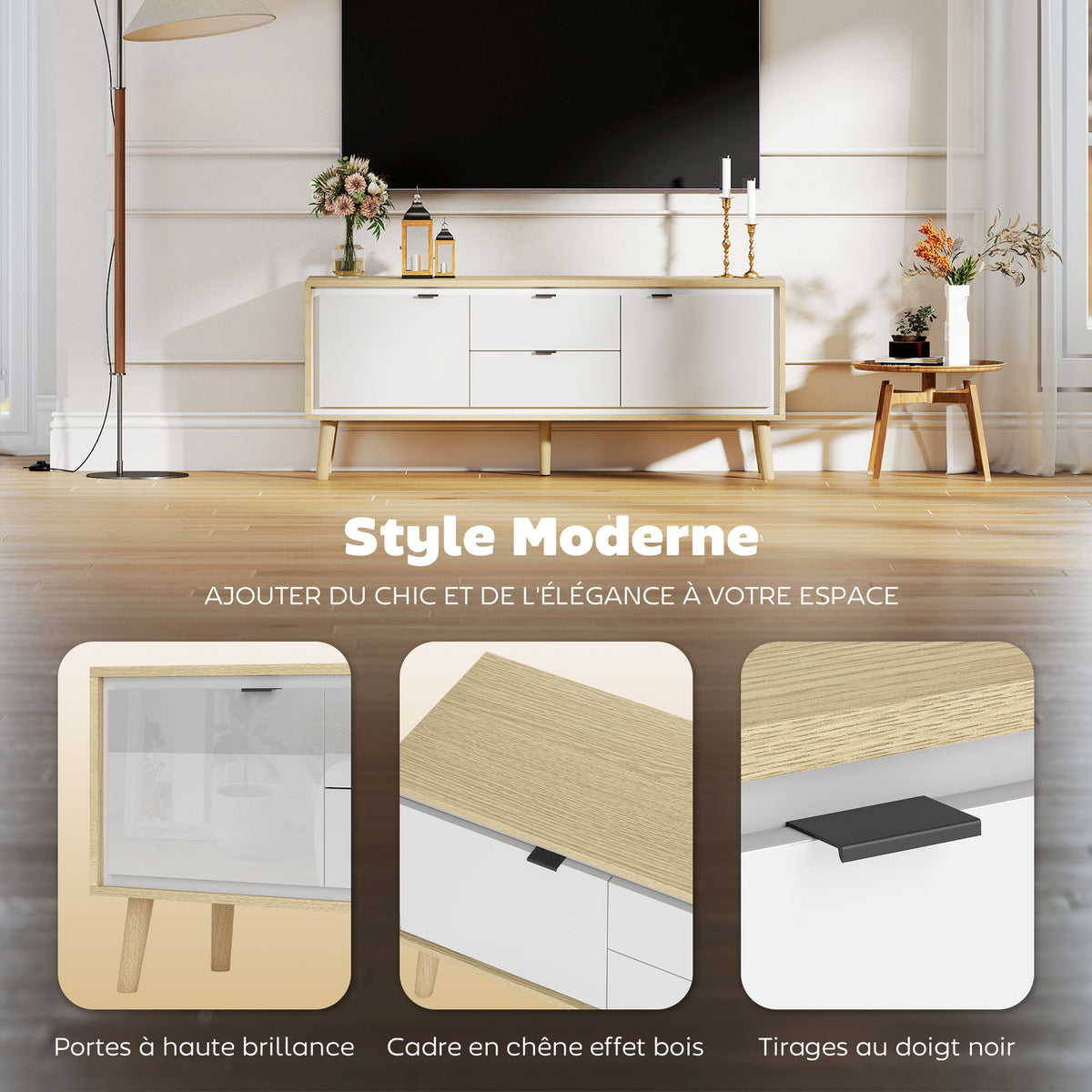 Meuble TV, meuble télé pour jusqu'à 55 pouces, 2 portes à haute brillance, 2 tiroirs silencieux, 120 x 35 x 50 cm, blanc